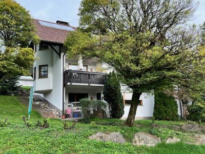 In einer kleinen gepflegten Wohnanlage mit nur 3 Parteien erwartet Sie diese grosszügige Wohnung mit ca. 110 m² Wohnfl., Schwedenofen, Erker, Balkon, Blick, Garage, Schopf