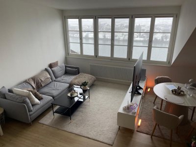 Waldshut-Innenstadt, Rheinstraße, Panoramarheinblick, energetisch sanierte, lichtdurchflutete Studio-Whg., ca. 89 m² Wohnfl., exklusive, hochwertige, gut ausgestattete EBK Essbar, Einbauten, Galerie, günstiger Energieverbrauch / eigene Etagenheiz. m. in